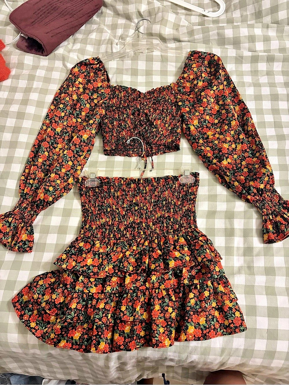 Olivaceous Floral Smocked Two-Piece Set, Crop Top & Tiered Ruffle Mini Skirt, Si